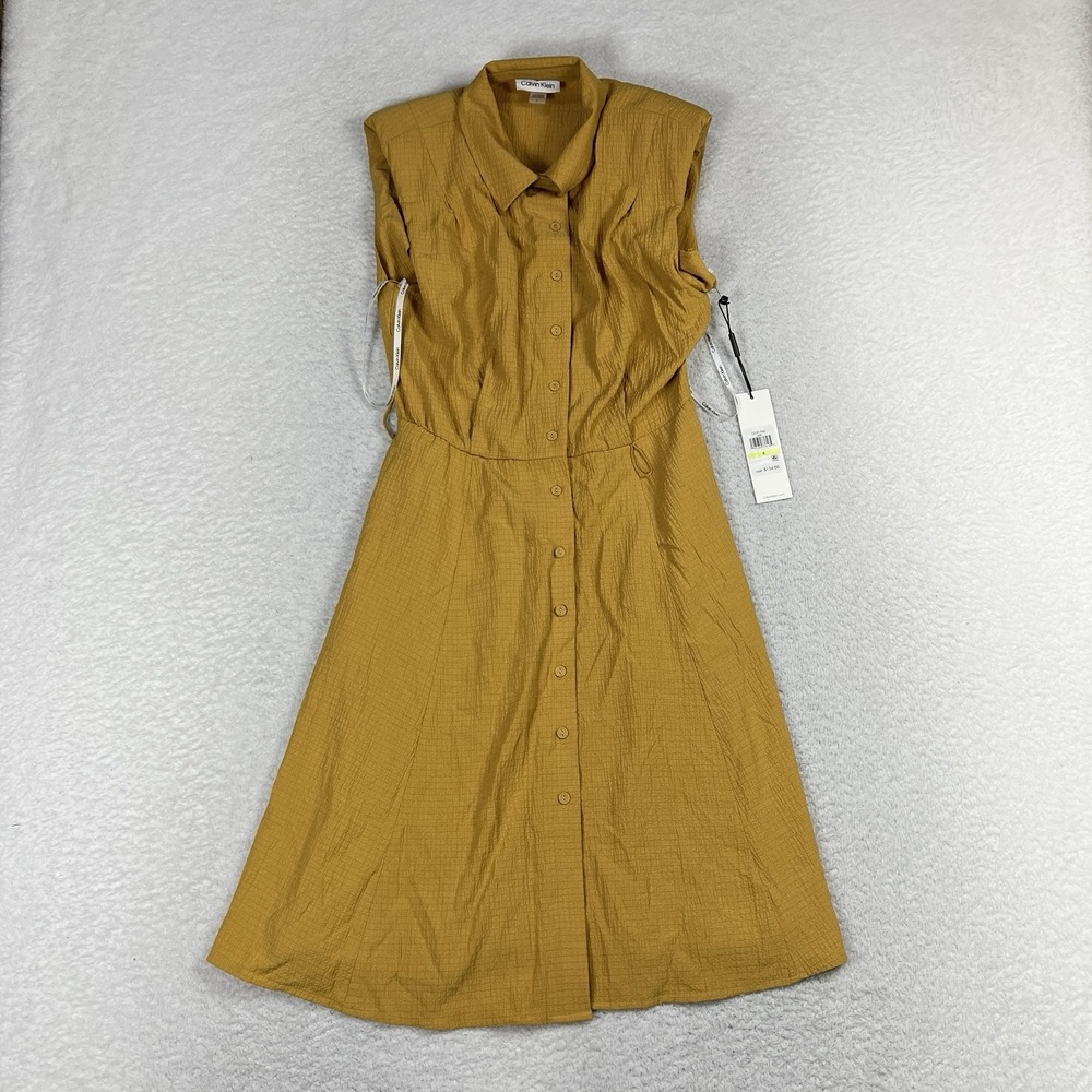 Calvin Klein Women Yellow Button Lined Pleated Dress Knee Office 4 CD2E1P4U
